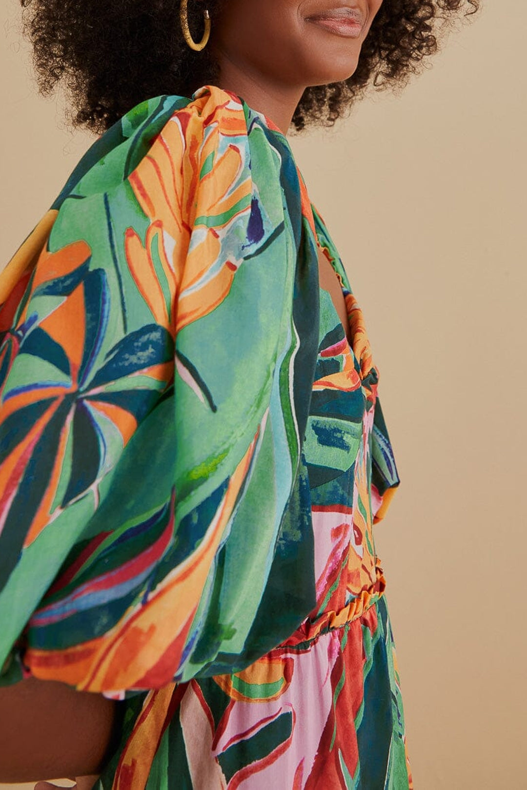 Robe midi à manches bouffantes en coton - Multicolore