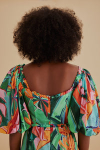 Robe midi à manches bouffantes en coton - Multicolore