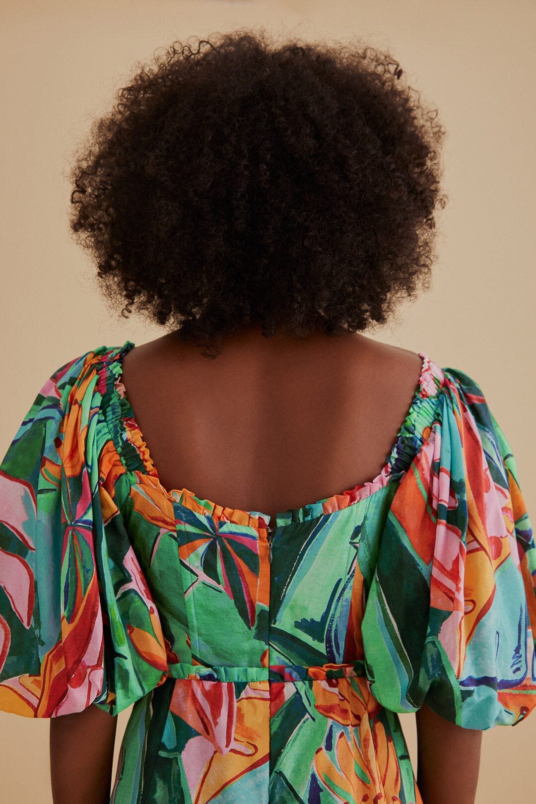 Robe midi à manches bouffantes en coton - Multicolore