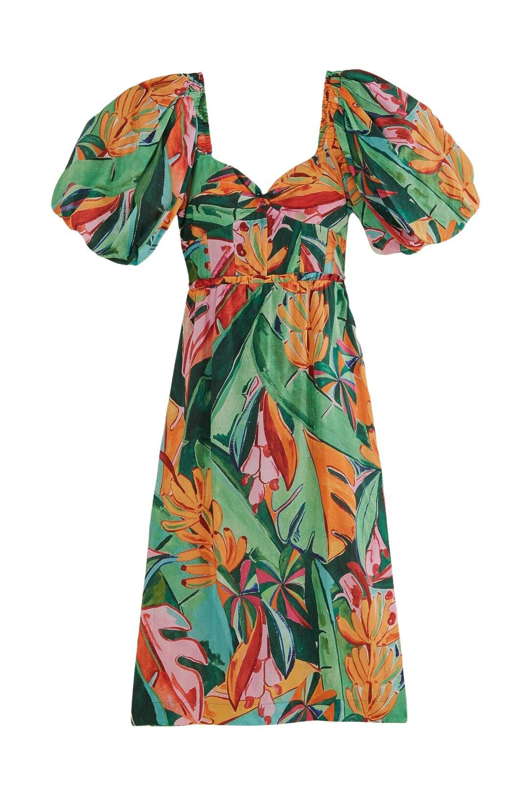 Robe midi à manches bouffantes en coton - Multicolore