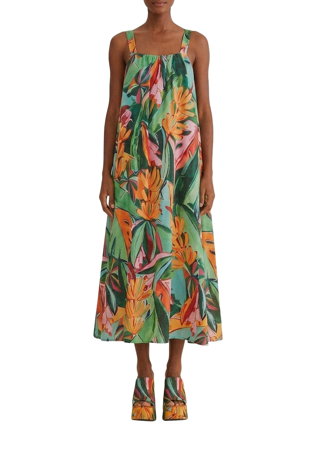 Robe midi Banana Leaves sans manches en coton - Vert