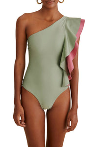 Asymmetric one-piece swimming costume with ruffles - Green