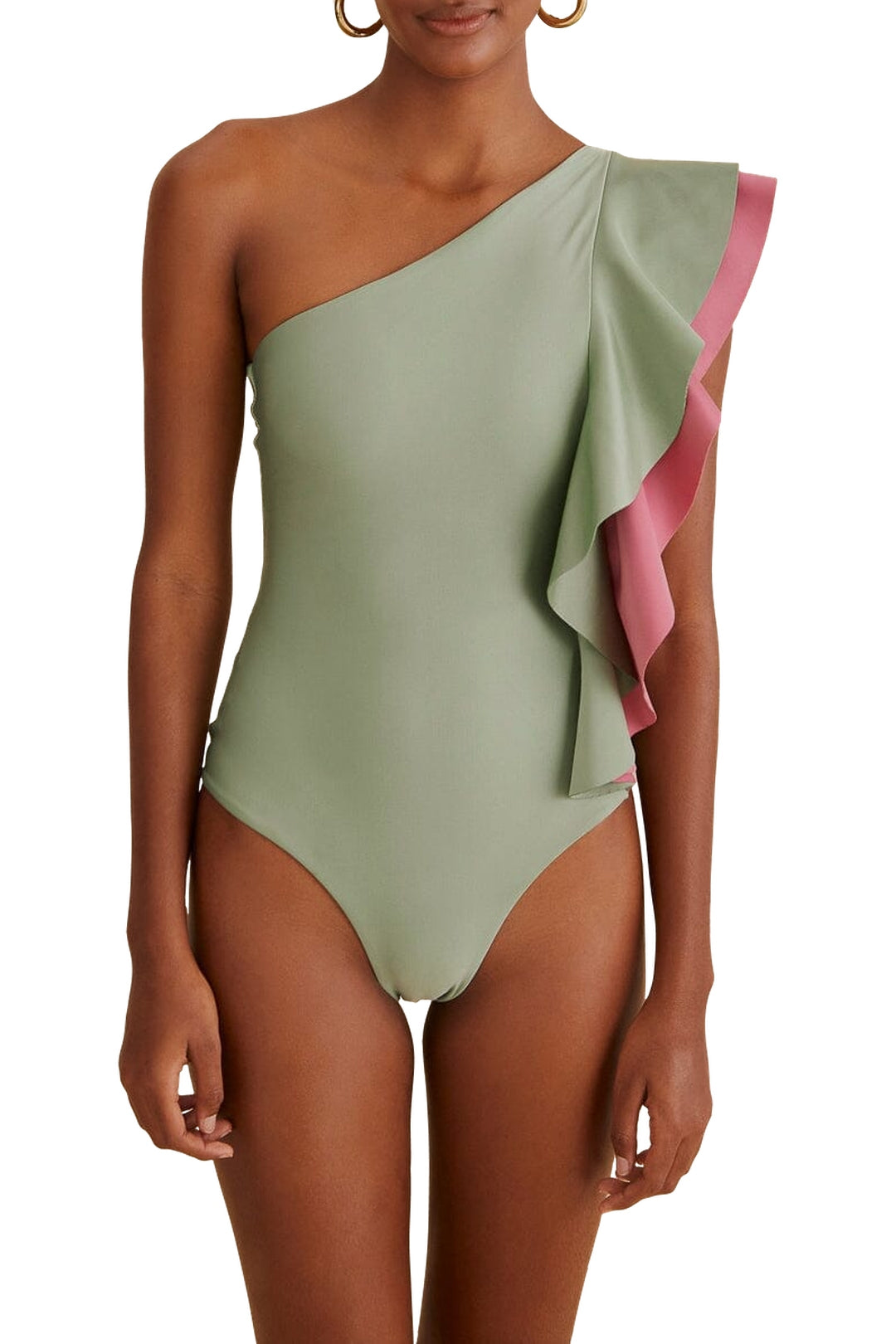 Asymmetric one-piece swimming costume with ruffles - Green