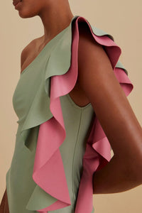 Asymmetric one-piece swimming costume with ruffles - Green
