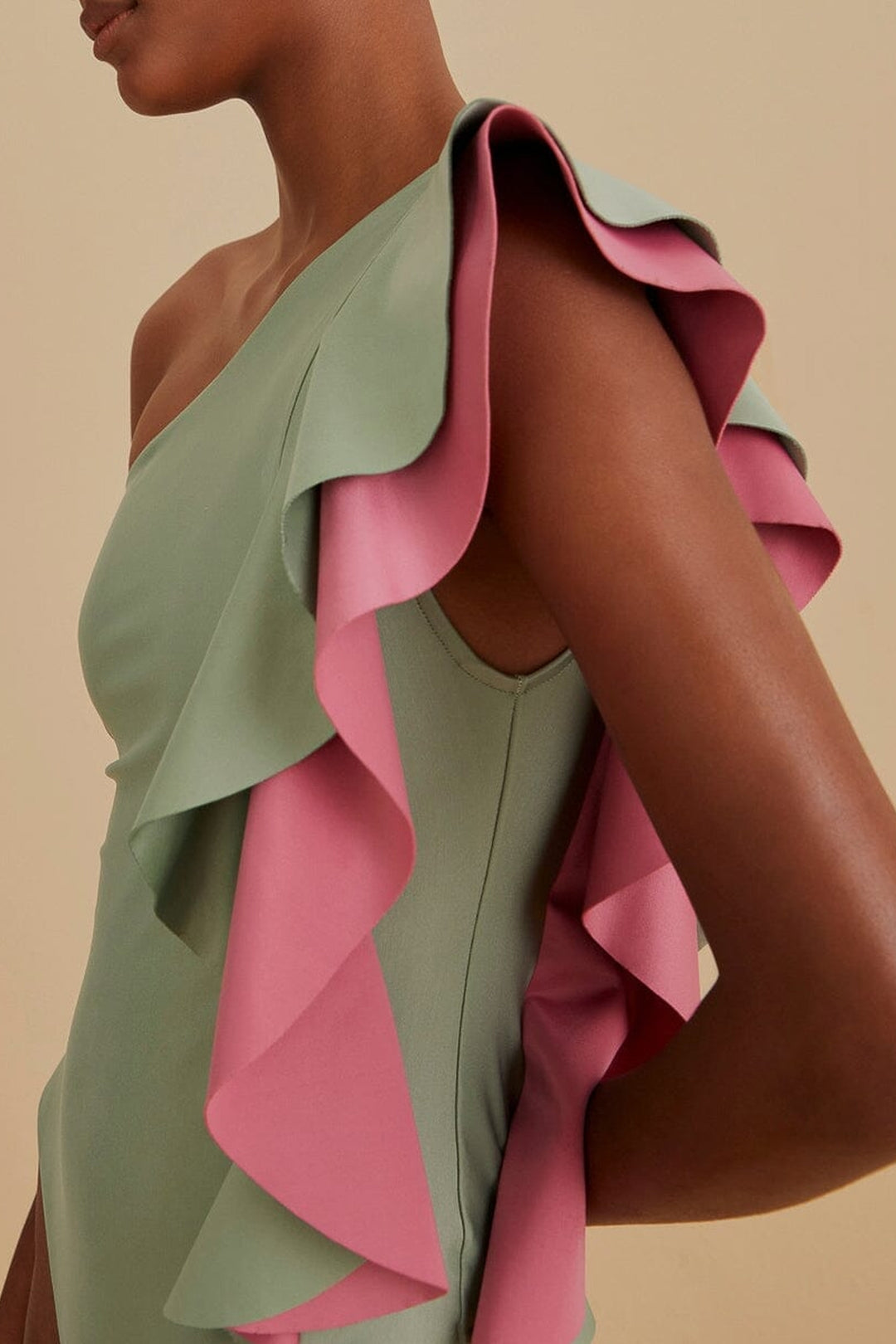 Asymmetric one-piece swimming costume with ruffles - Green