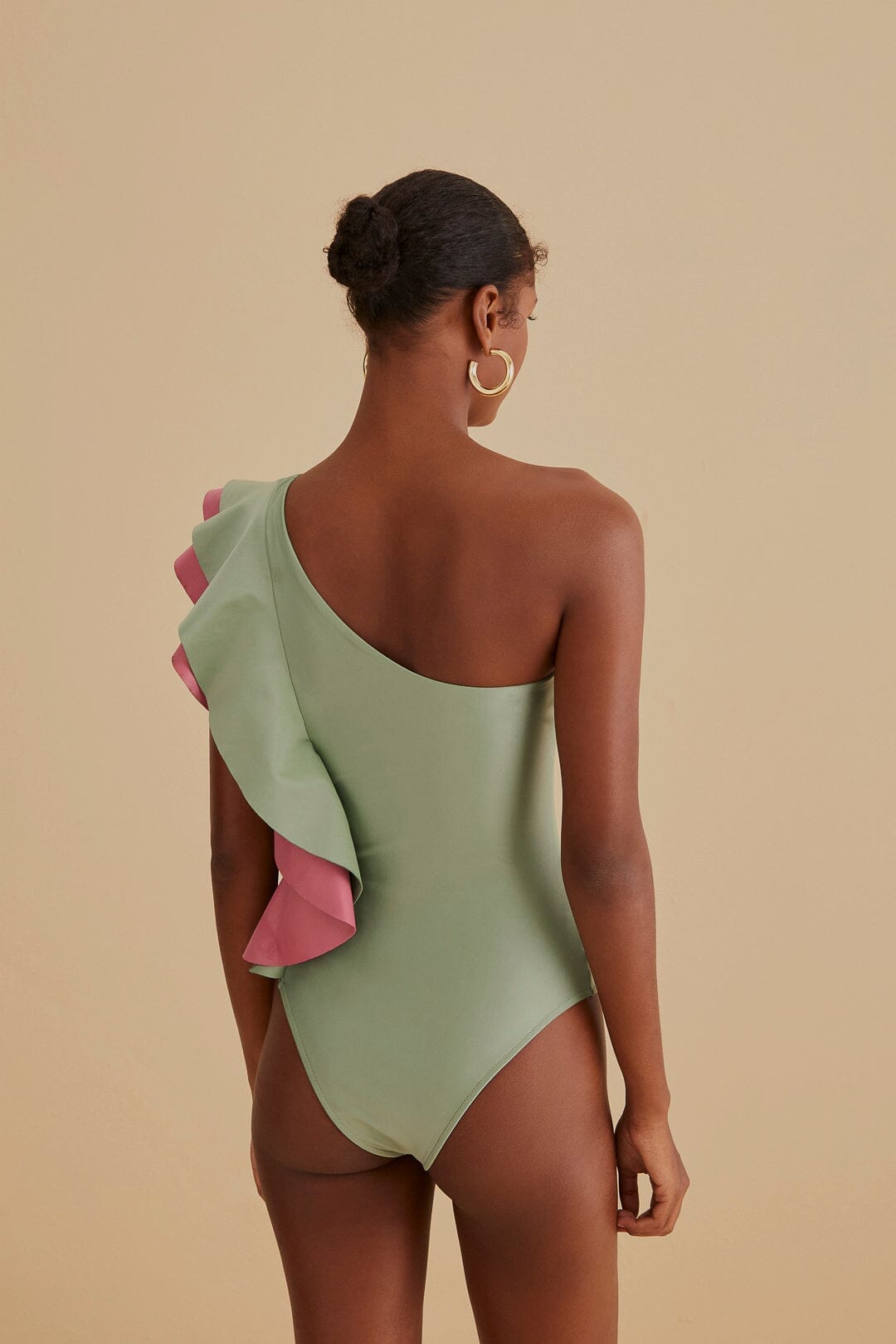 Asymmetric one-piece swimming costume with ruffles - Green