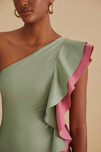 Asymmetric one-piece swimming costume with ruffles - Green