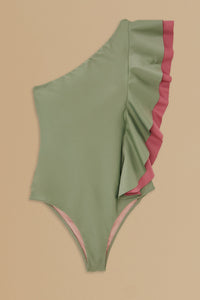 Asymmetric one-piece swimming costume with ruffles - Green