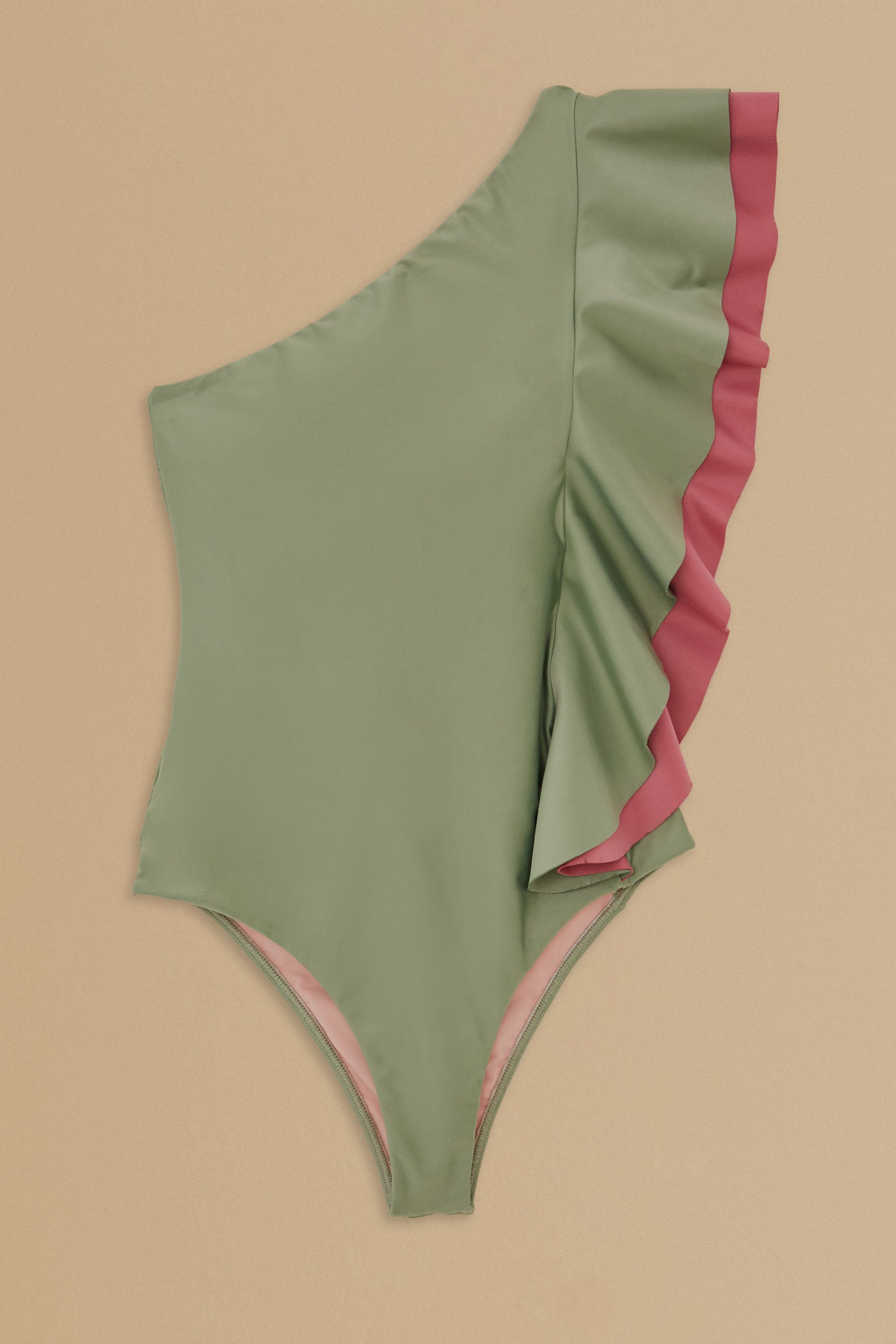 Asymmetric one-piece swimming costume with ruffles - Green
