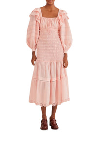 Robe midi à manches longues et encolure carrée en coton - Rose