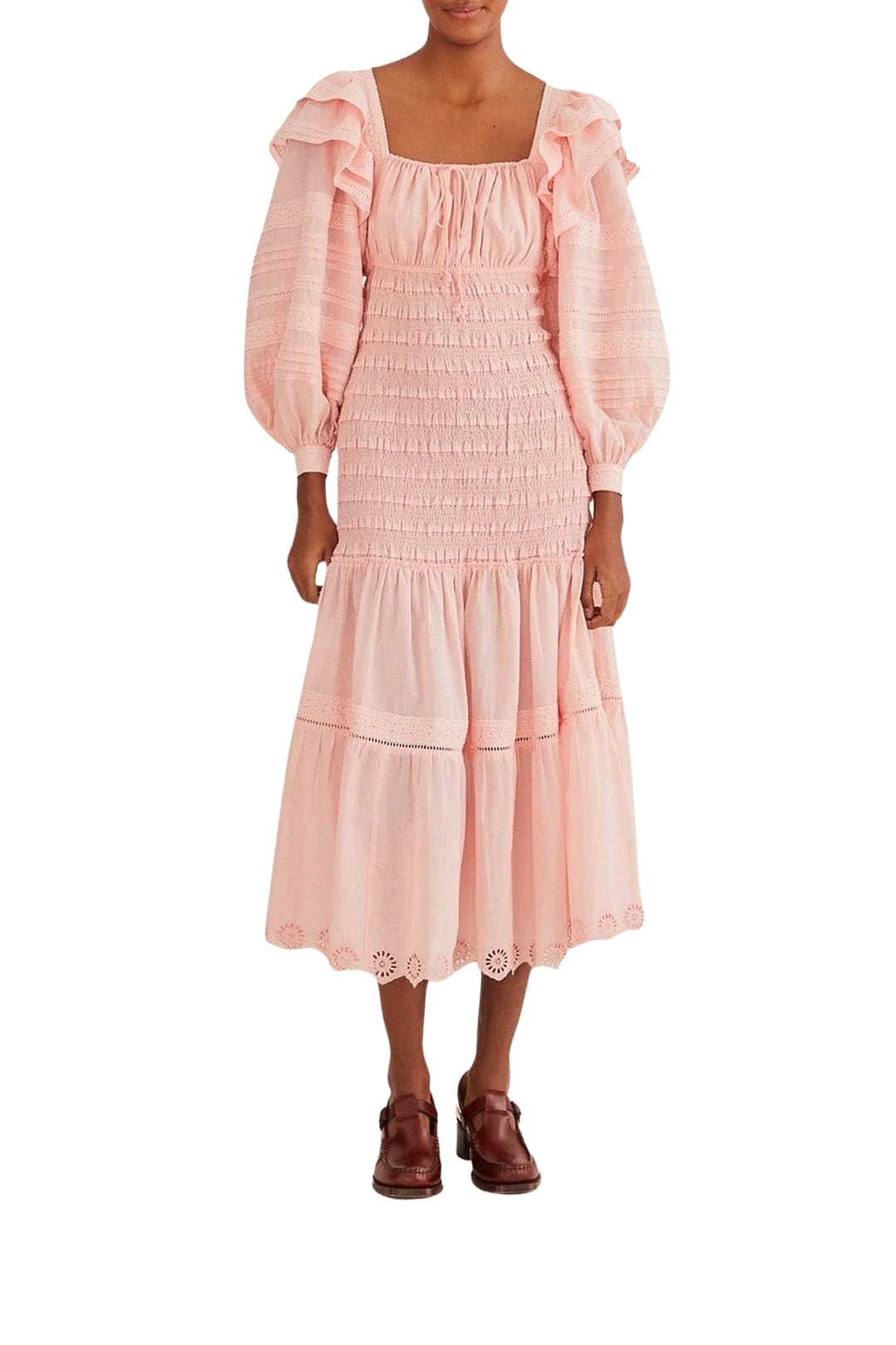 Robe midi à manches longues et encolure carrée en coton - Rose