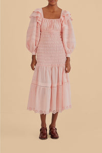 Robe midi à manches longues et encolure carrée en coton - Rose