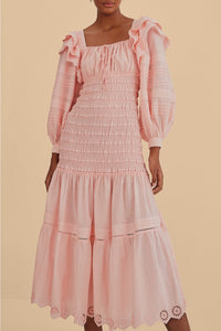 Robe midi à manches longues et encolure carrée en coton - Rose