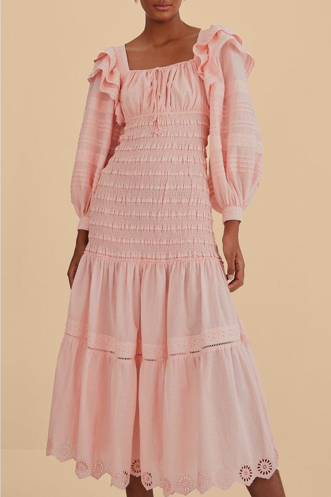 Robe midi à manches longues et encolure carrée en coton - Rose