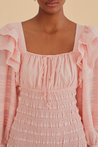 Robe midi à manches longues et encolure carrée en coton - Rose