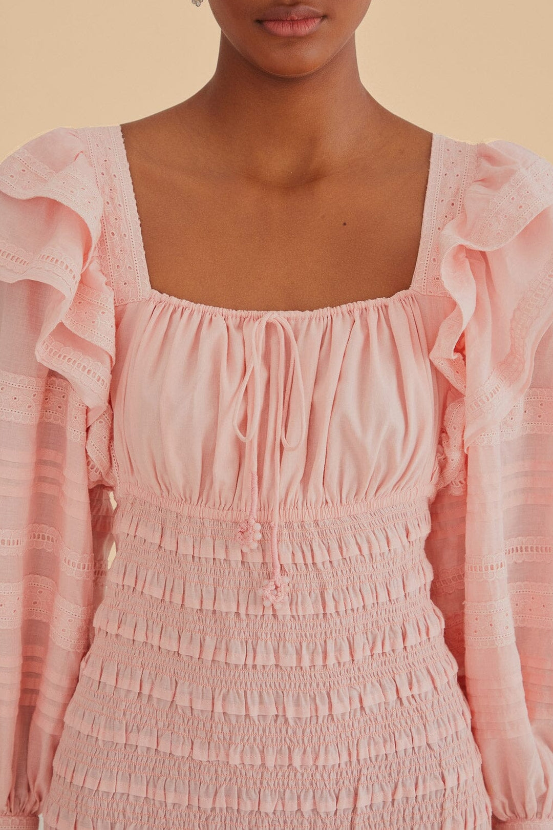 Robe midi à manches longues et encolure carrée en coton - Rose