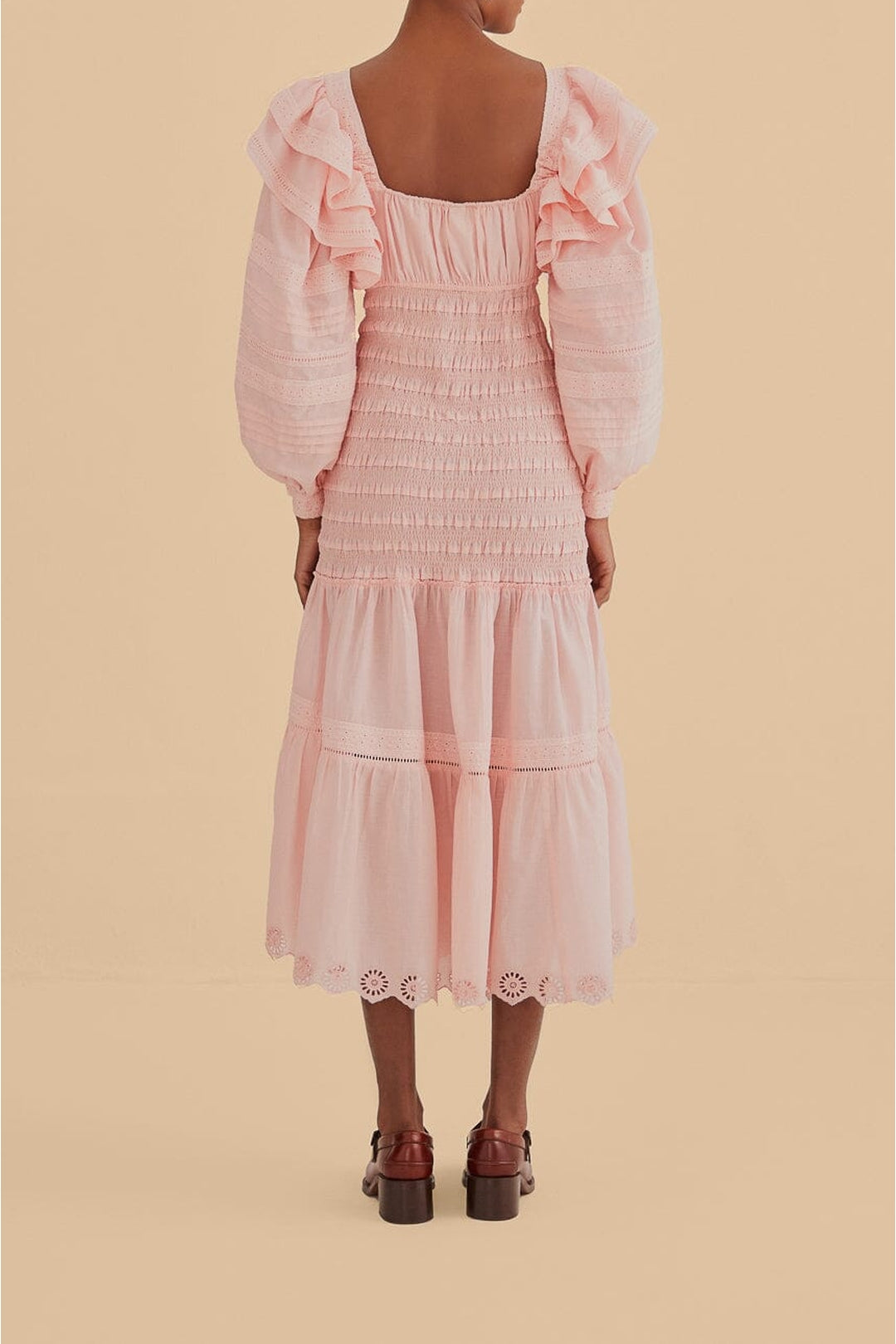 Robe midi à manches longues et encolure carrée en coton - Rose