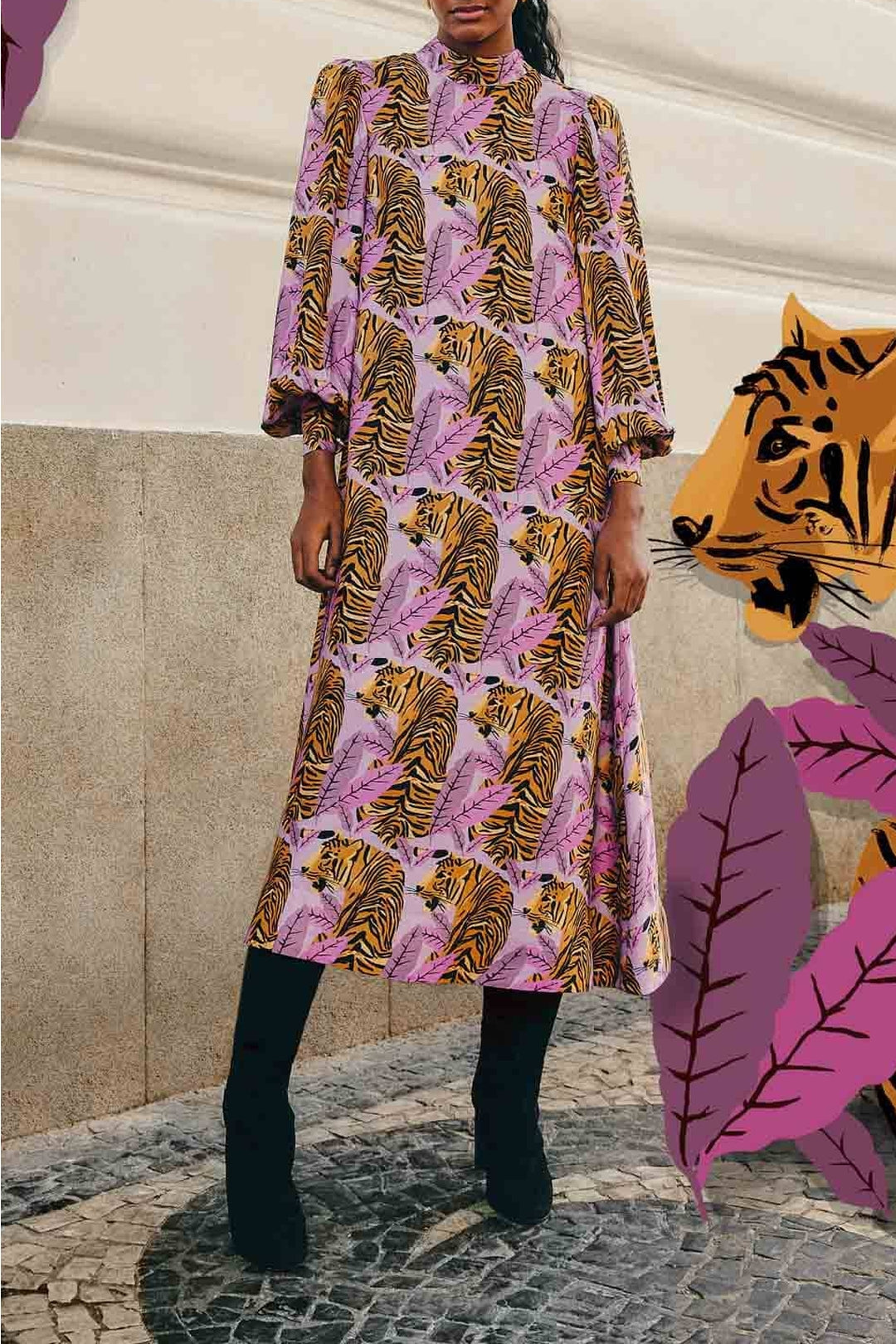 DJV_Tiger Leaves Lavander Robes midi - Tiger Leaves Lavander