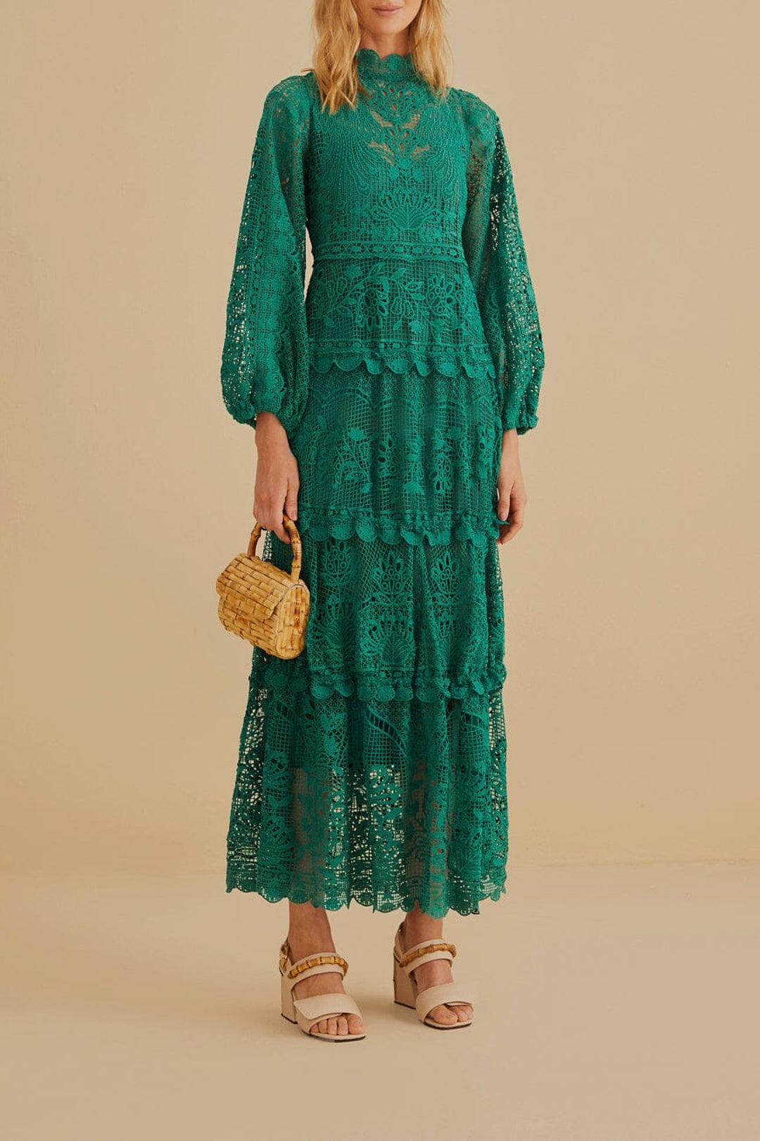 Robe longue à manches longues en dentelle - Vert
