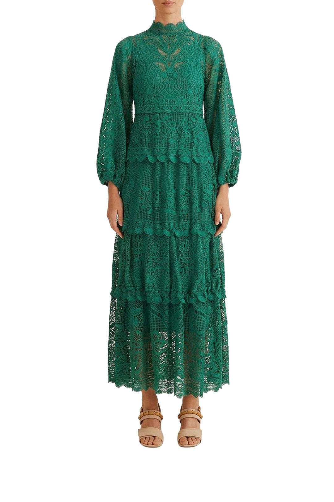 Robe longue à manches longues en dentelle - Vert