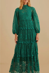 Robe longue à manches longues en dentelle - Vert