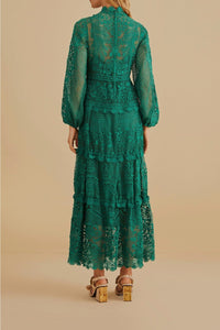 Robe longue à manches longues en dentelle - Vert