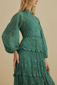 Robe longue à manches longues en dentelle - Vert