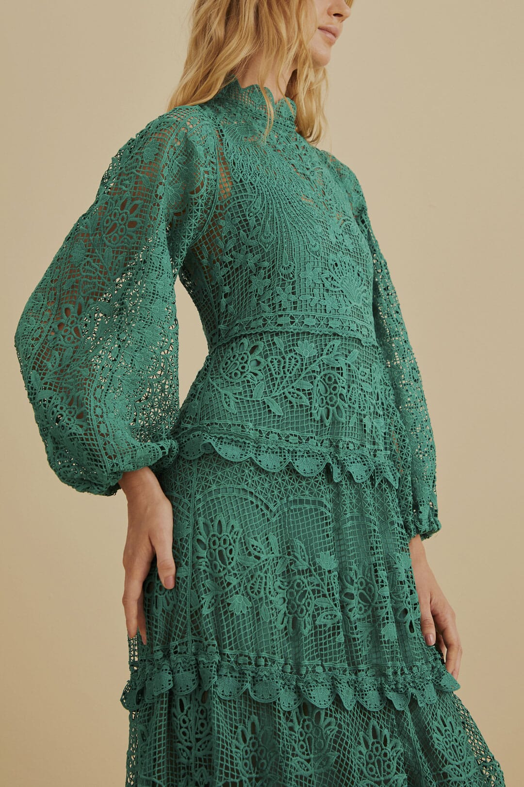 Robe longue à manches longues en dentelle - Vert