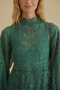 Robe longue à manches longues en dentelle - Vert