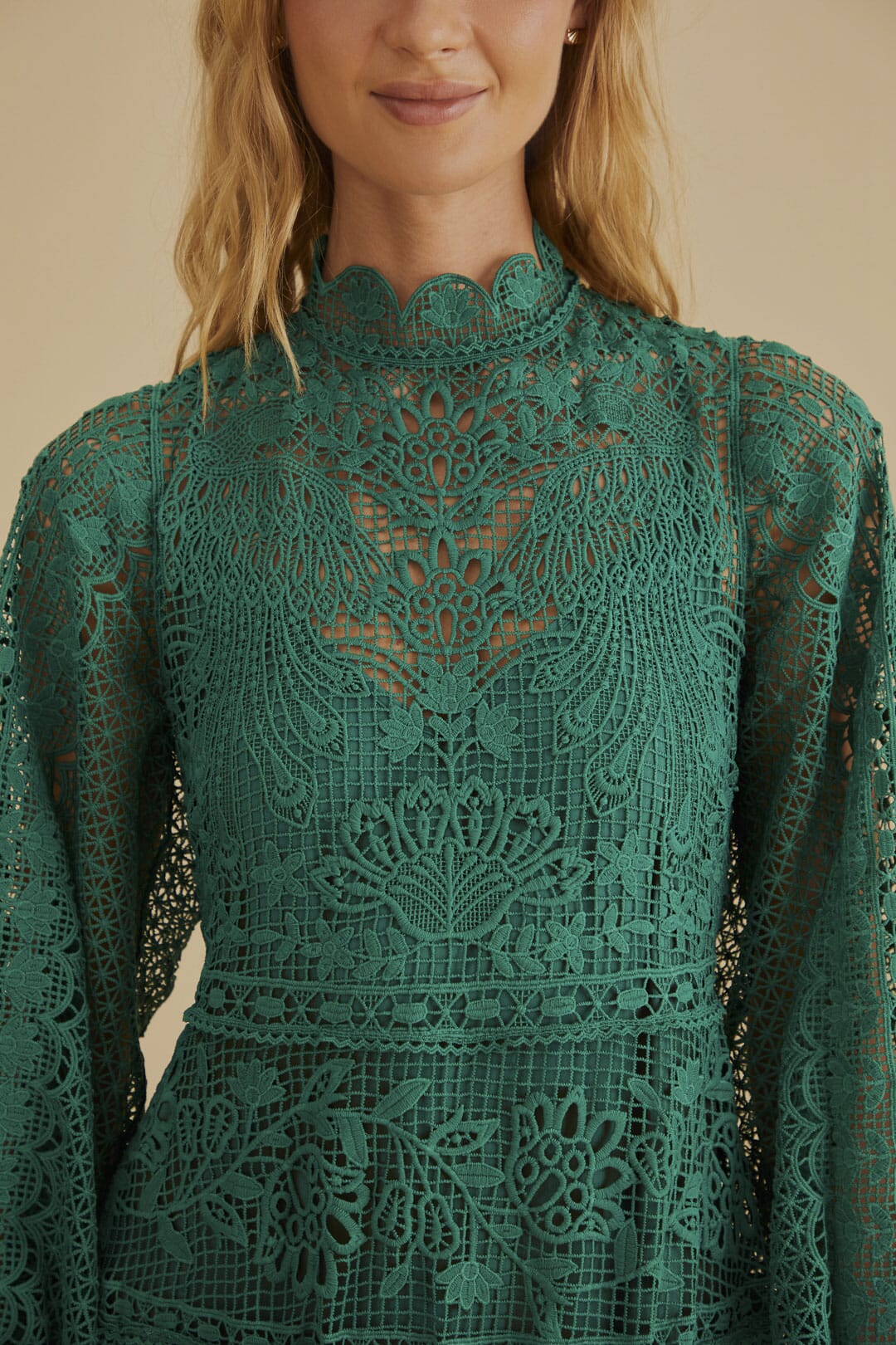 Robe longue à manches longues en dentelle - Vert