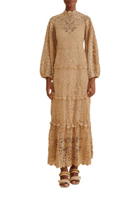 Robe longue Guipure à manches longues - Beige