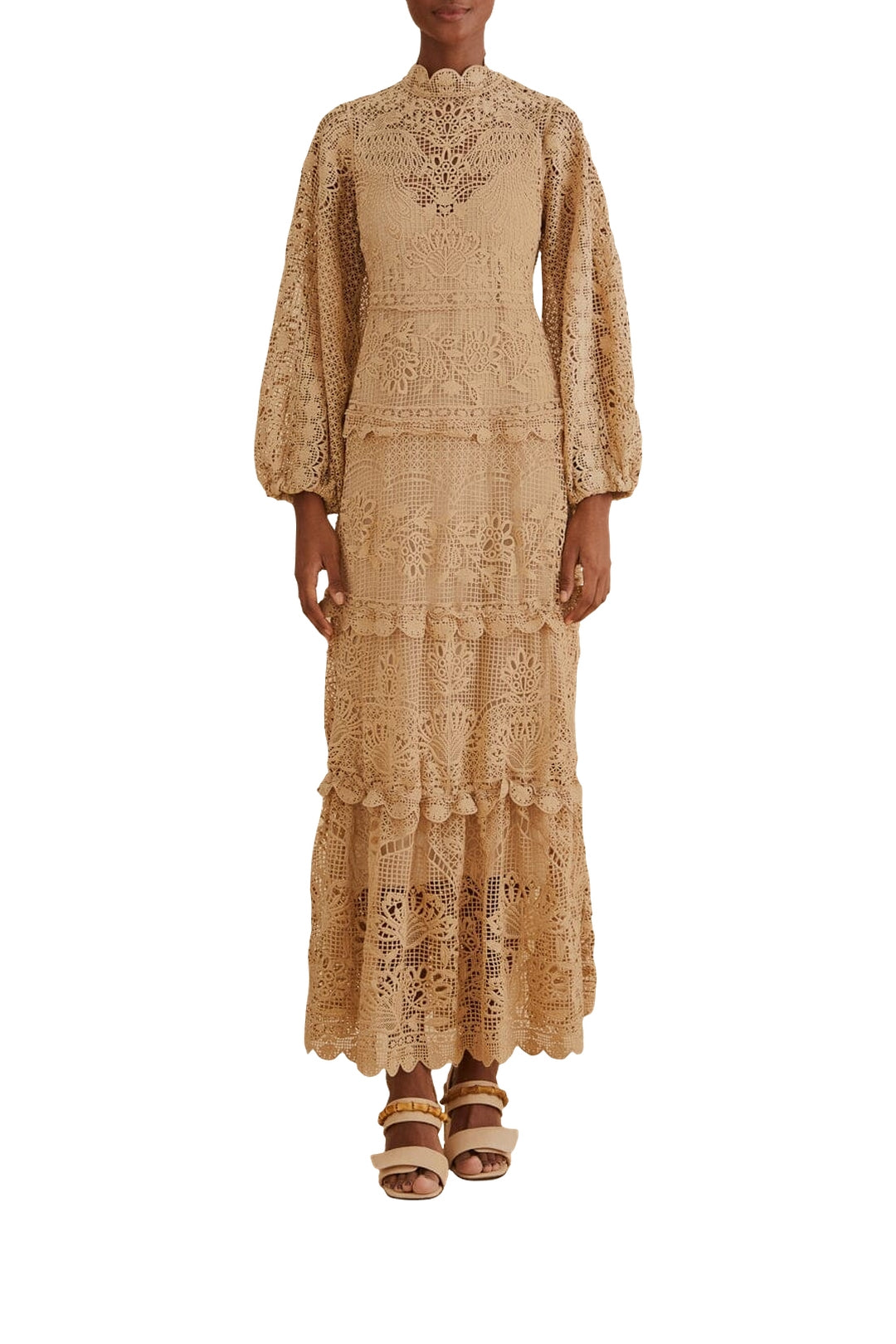 Robe longue Guipure à manches longues - Beige