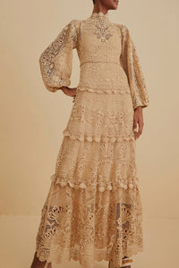 Robe longue Guipure à manches longues - Beige