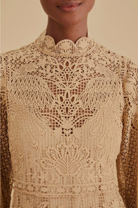 Robe longue Guipure à manches longues - Beige