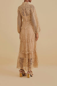 Robe longue Guipure à manches longues - Beige