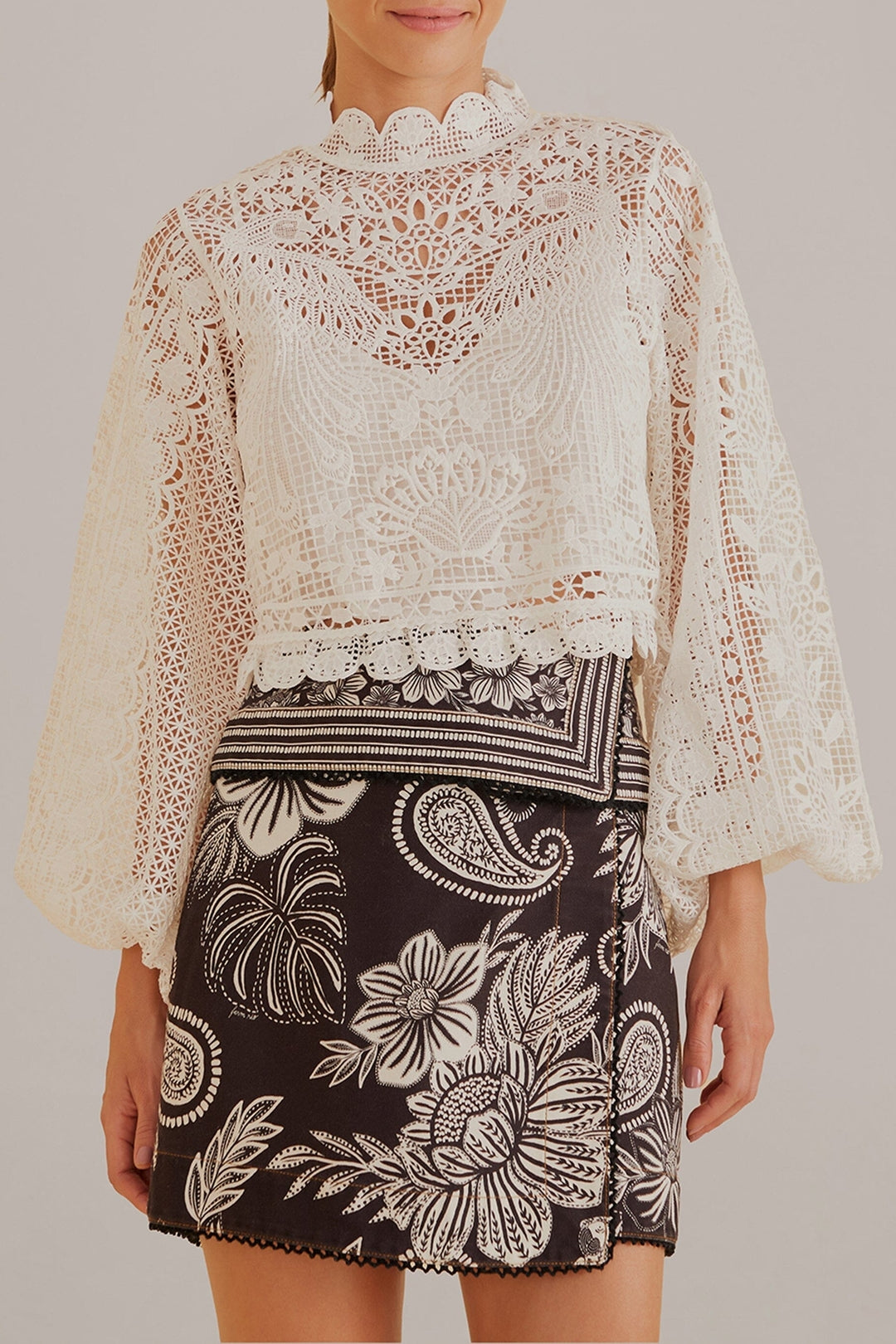 Blouse Guipure à manches longues - Blanc