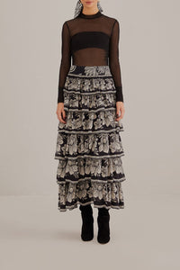 Long skirt with ruffles and pattern - Black