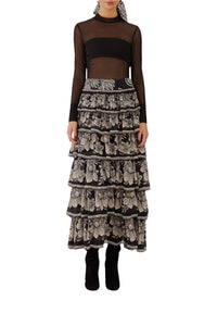 Long skirt with ruffles and pattern - Black