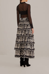 Long skirt with ruffles and pattern - Black