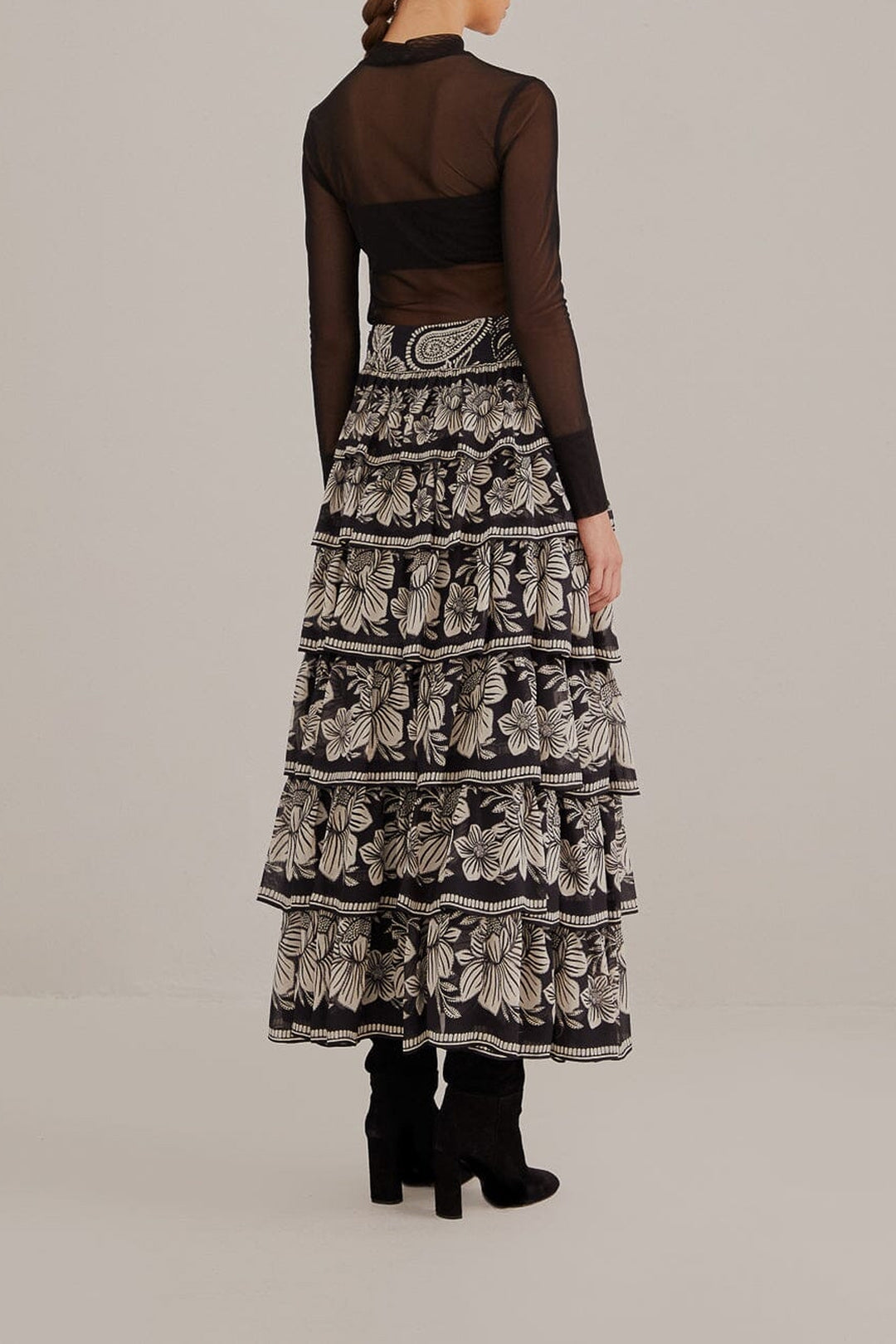 Long skirt with ruffles and pattern - Black