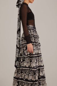 Long skirt with ruffles and pattern - Black