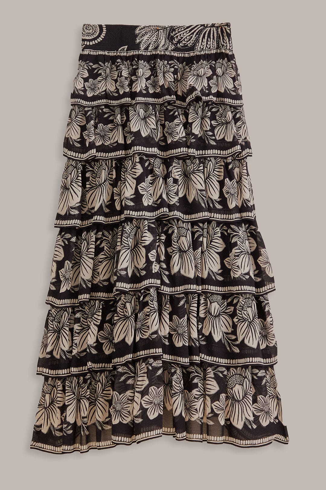 Long skirt with ruffles and pattern - Black