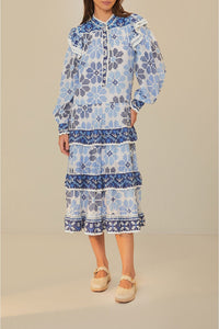 Robe midi Flowers manches longues en coton - Bleu