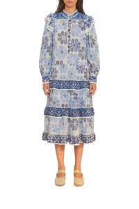 Robe midi Flowers manches longues en coton - Bleu