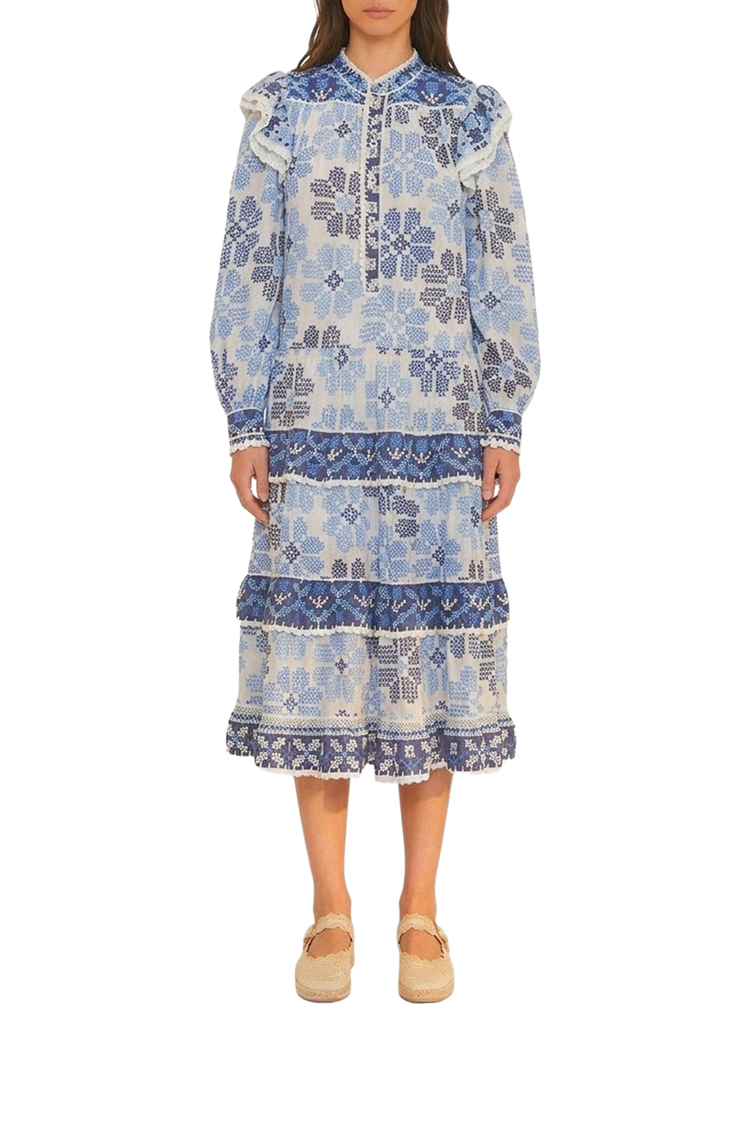 Robe midi Flowers manches longues en coton - Bleu