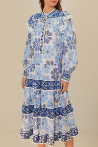 Robe midi Flowers manches longues en coton - Bleu