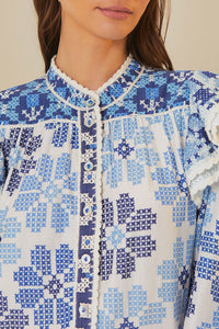 Robe midi Flowers manches longues en coton - Bleu