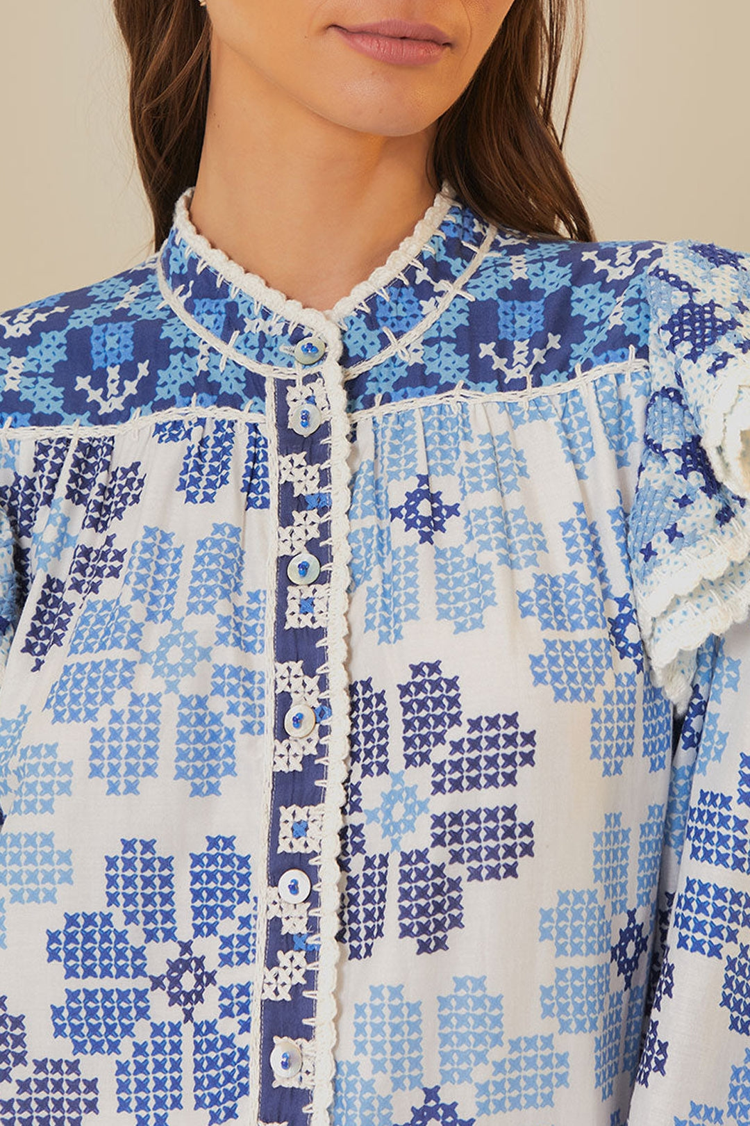 Robe midi Flowers manches longues en coton - Bleu
