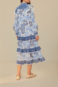 Robe midi Flowers manches longues en coton - Bleu