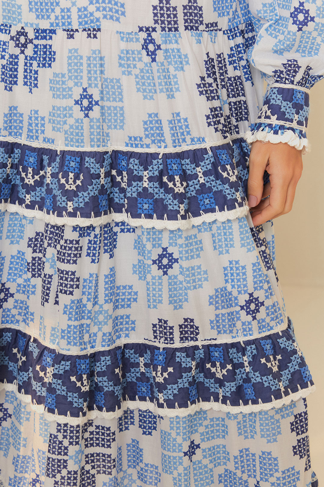 Robe midi Flowers manches longues en coton - Bleu